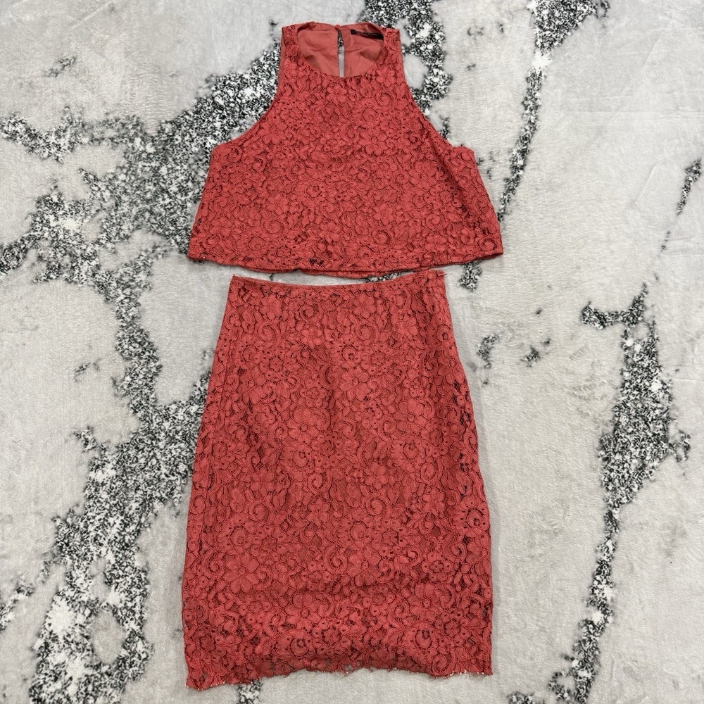 Zara Womens Lace Two Piece Set M Red Coral Crop Top Pencil Skirt Matching Outfit